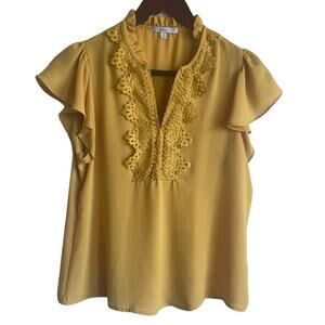 Blashe Women Top S Yellow Short‎ Flutter Sleeve Ruffle Eyelet Collar Cottagecore
